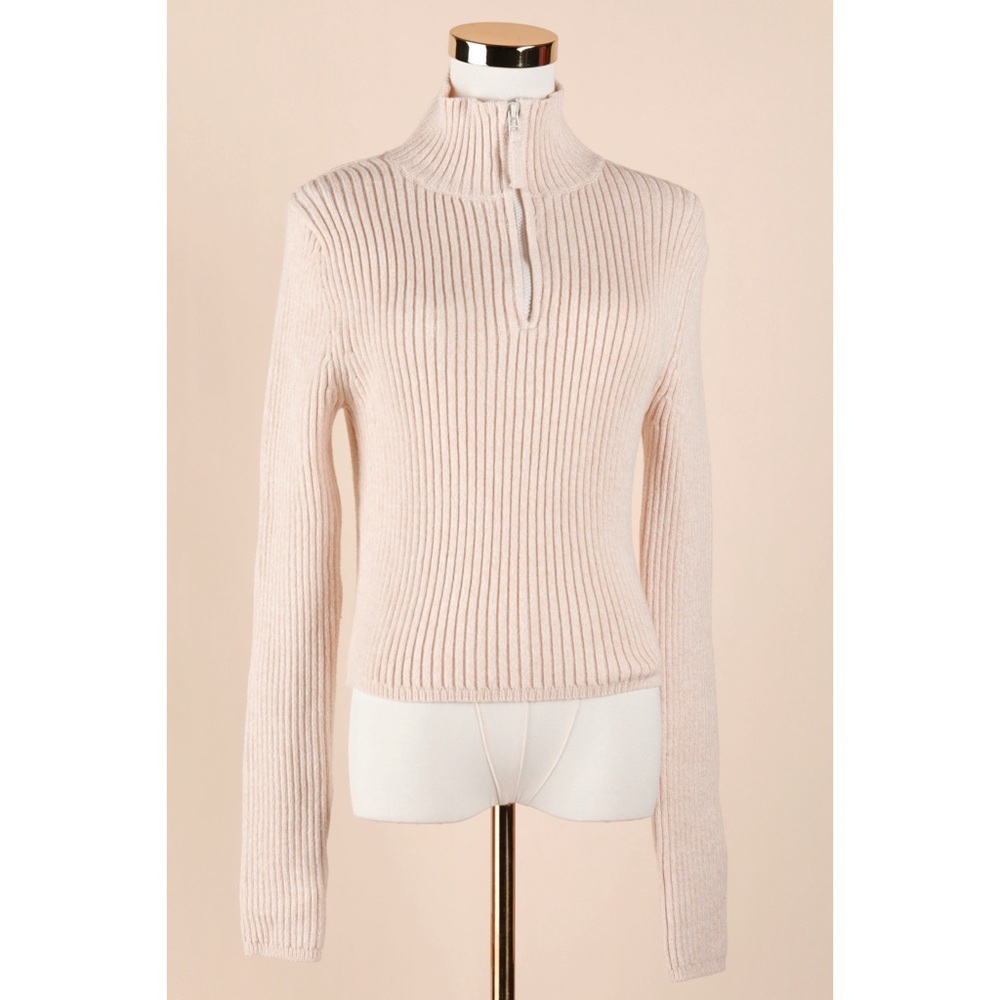 Sz L Aerie Late Night Quarter Zip Ribbed Turtlneck Sweater Toasted Coconut GUC